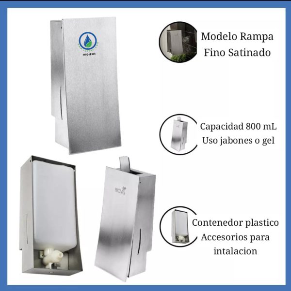 Dispenser de Jabón Líquido/Gel Inox Rampa, 800 mL - Imagen 2