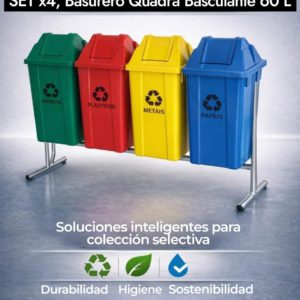 Soporte Set x 4, Basureros Quadra Basculante, 60 L