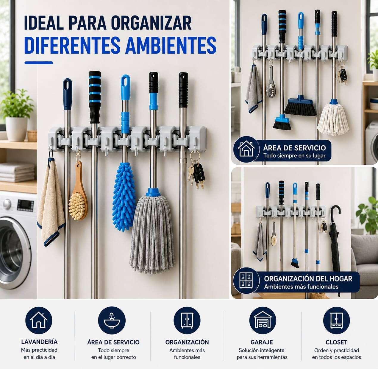 Soporte porta escobas multiuso 5 poses x6 ganchos. - Imagen 2