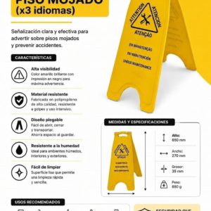 Placa señalizadora piso mojado, x3 idiomas