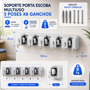 Soporte porta escobas multiuso 5 poses x6 ganchos.