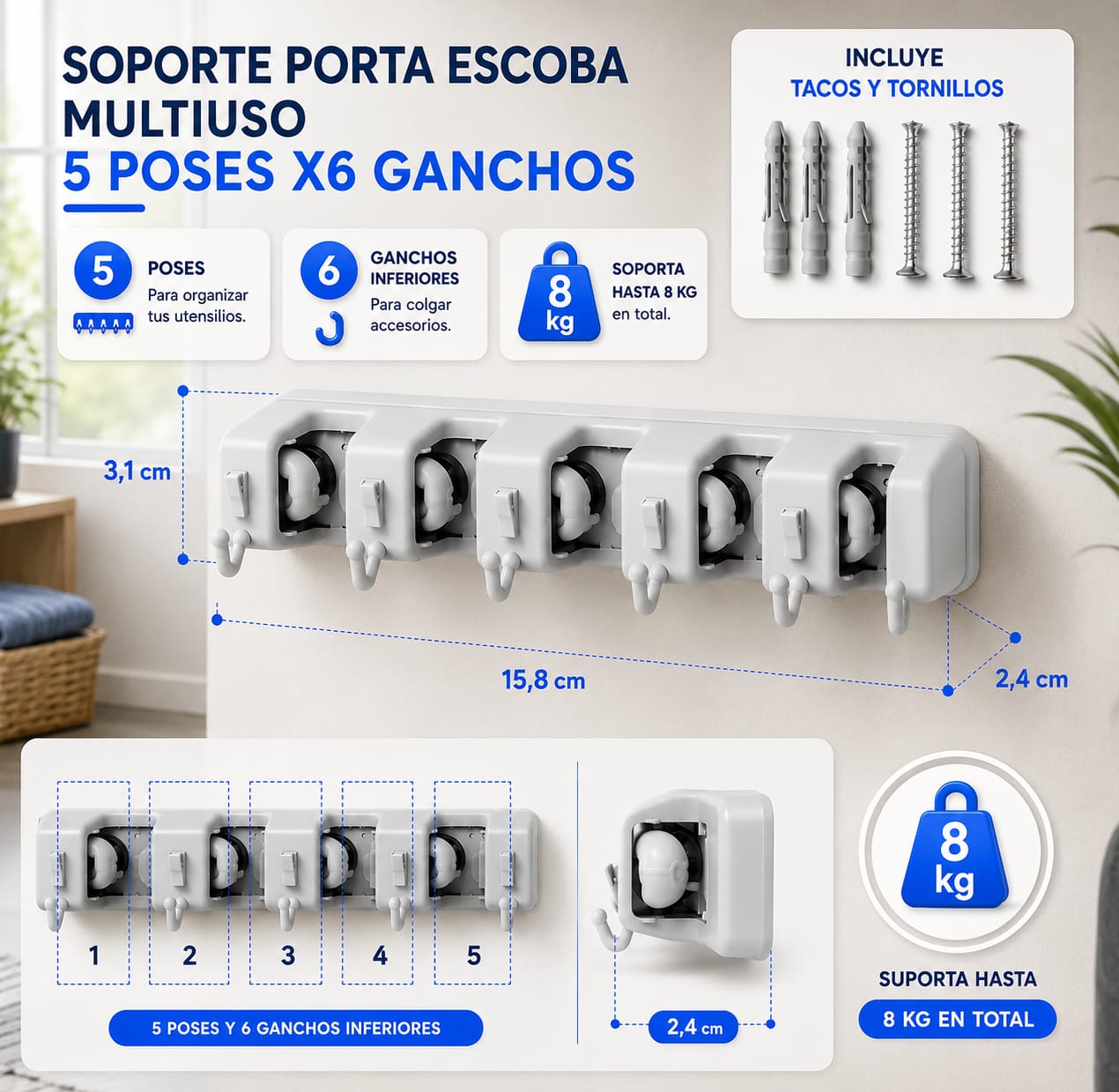 Soporte porta escobas multiuso 5 poses x6 ganchos.