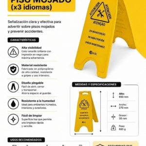 Placa señalizadora piso mojado, x3 idiomas