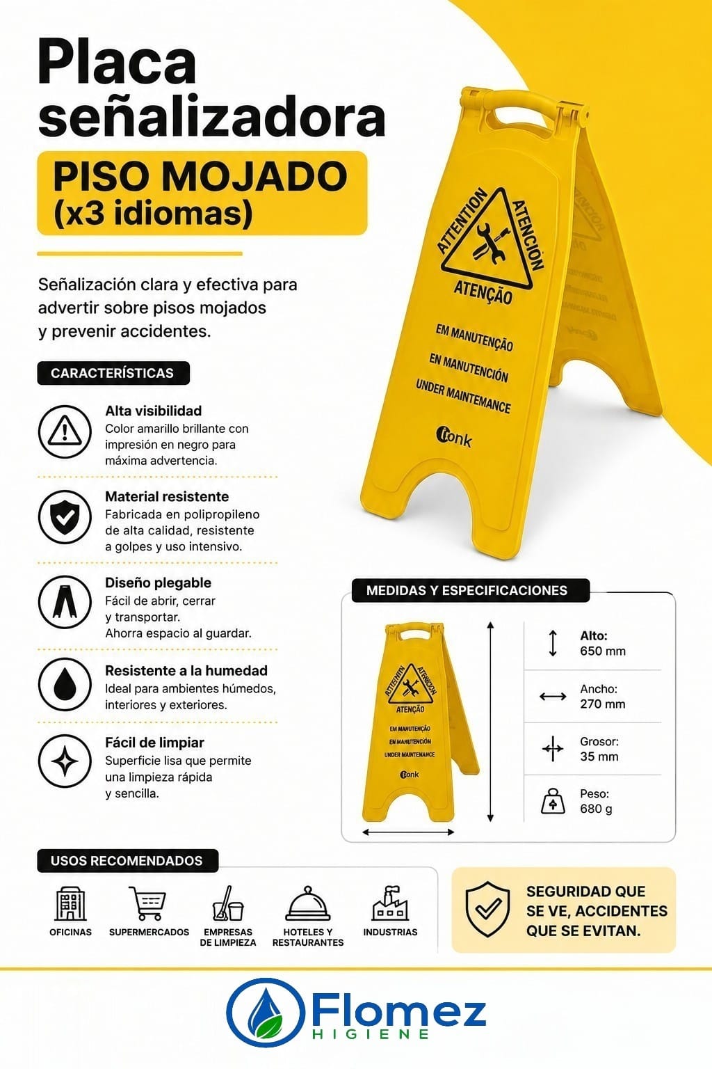 Placa señalizadora piso mojado, x3 idiomas